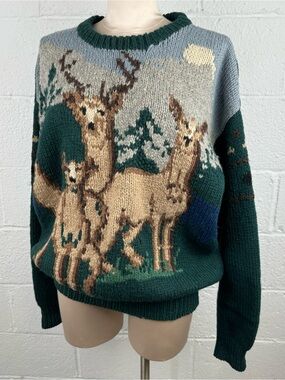 Vintage Thornton Bay Hand Knit Wool Deer Sweater 90s Size M